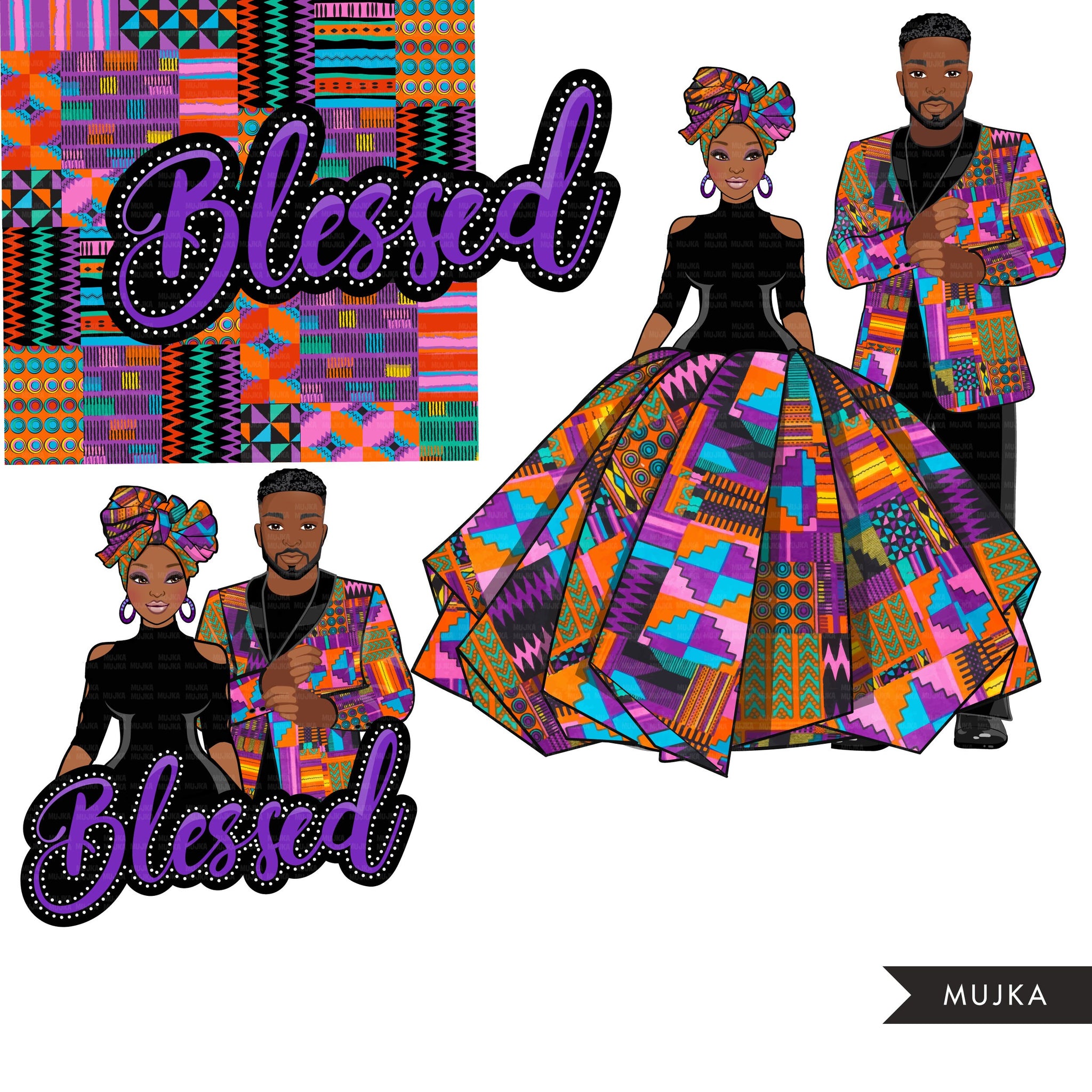Afro black couple clipart, blessed png, Ankara couple sublimation designs, fashion clipart