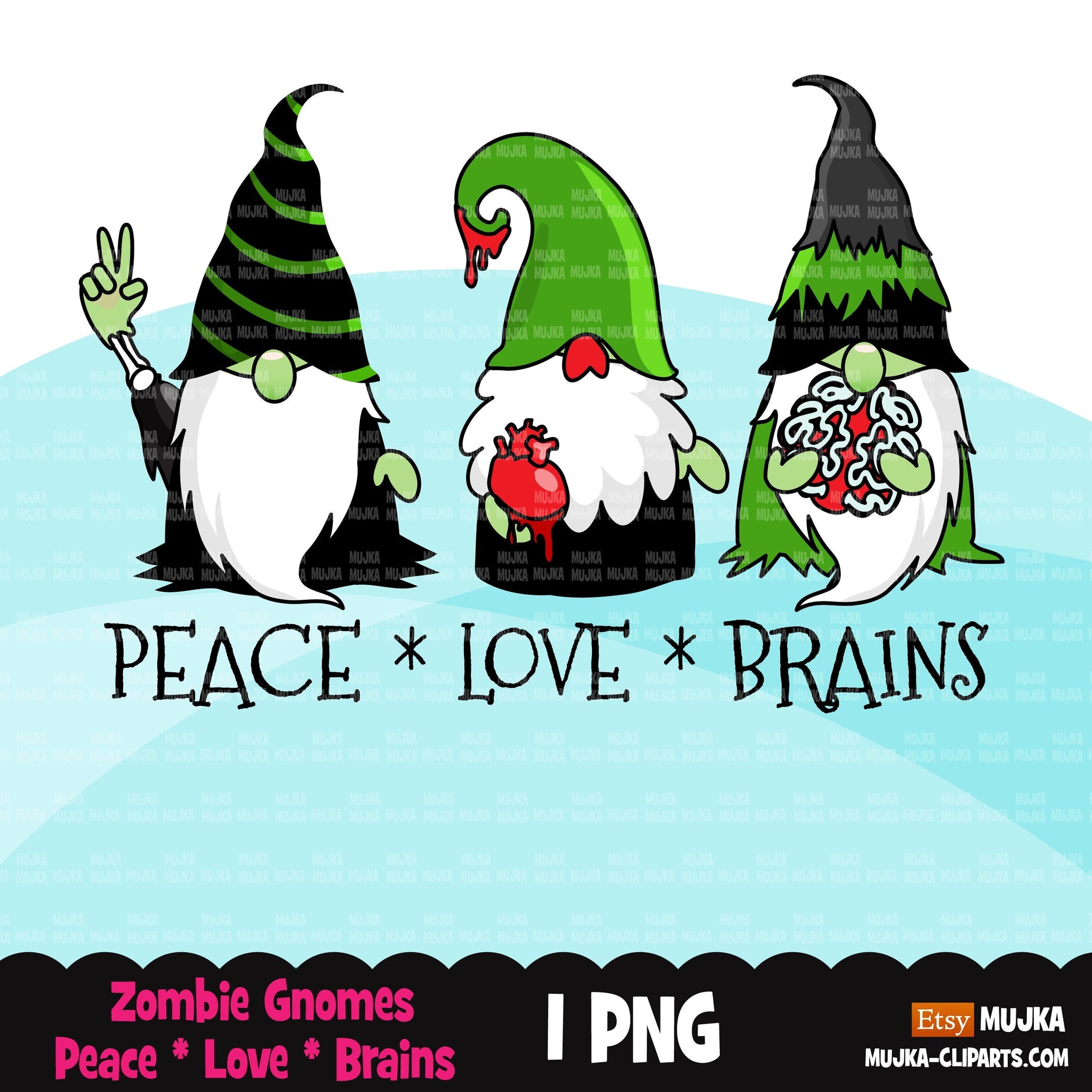Zombie gnome, zombie clipart, peace love brains, peace love zombie, Halloween png, Halloween gnomes png, zombie sublimation digital designs