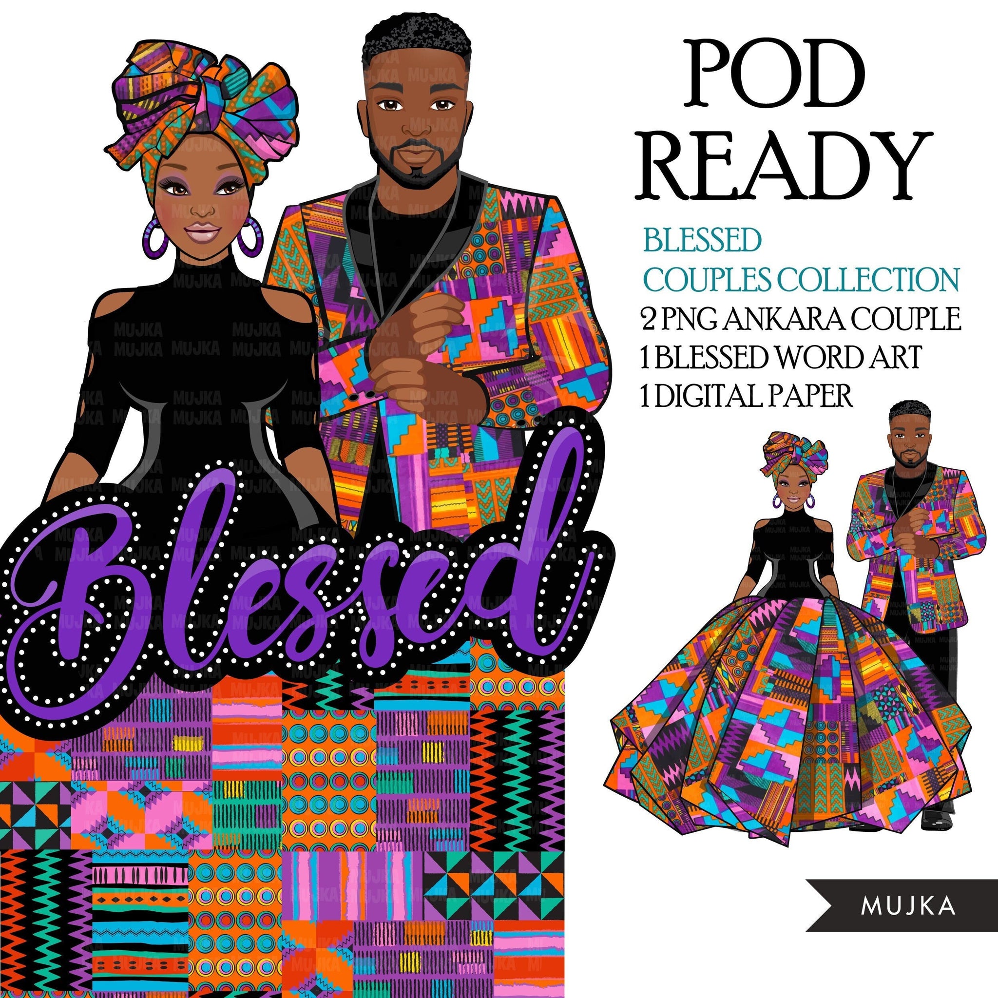 Afro black couple clipart, blessed png, Ankara couple sublimation designs, fashion clipart