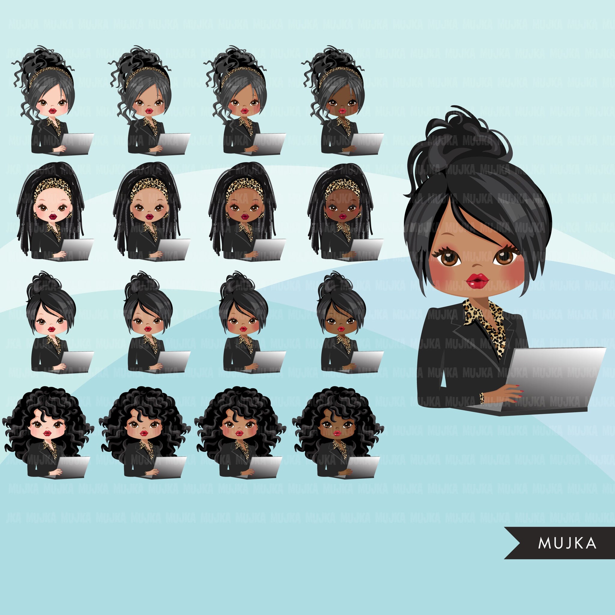 Businesswoman png, business clipart bundle, boss babe png, black boss png, afro girl png, latino woman avatars, shop logo, laptop girl png
