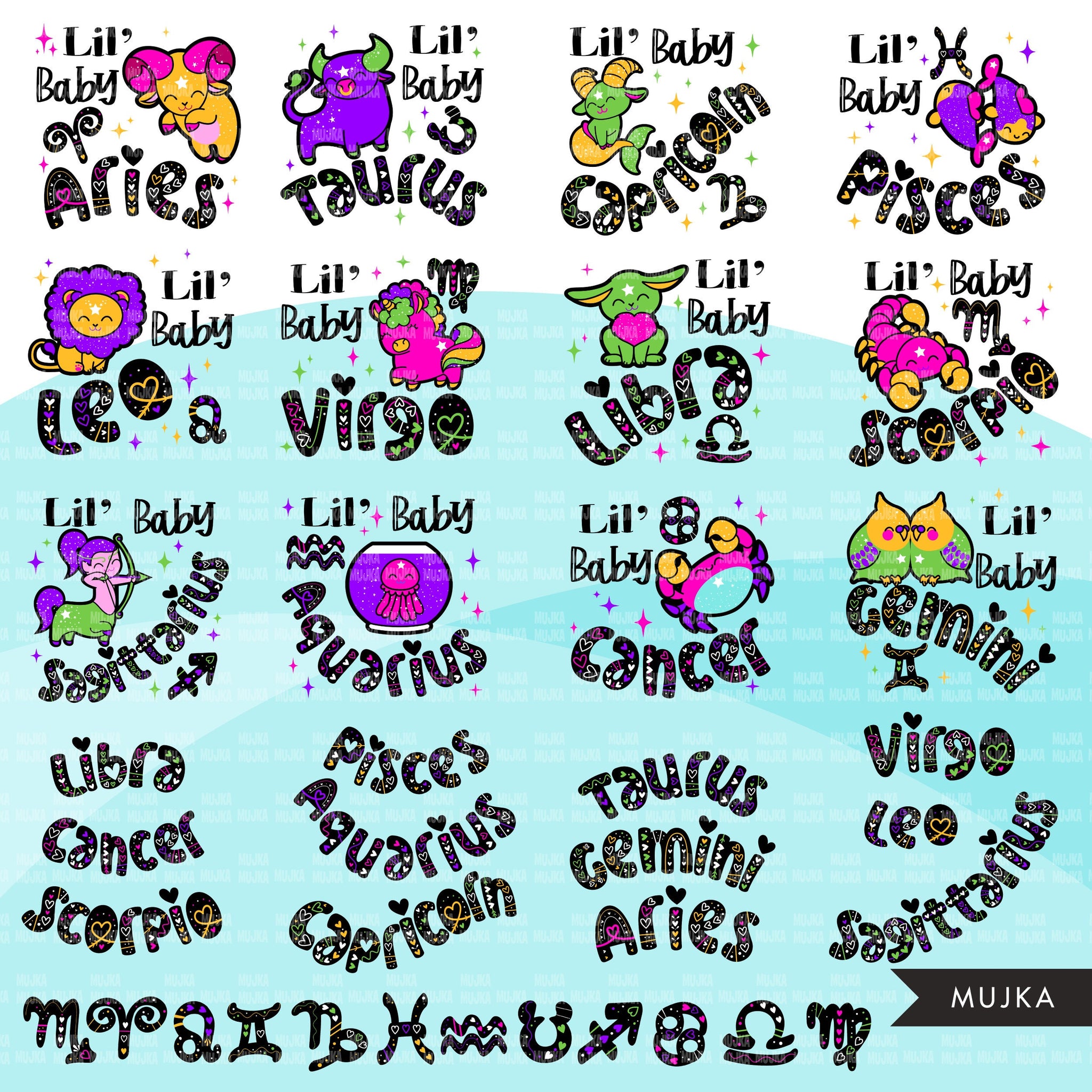 Baby girl zodiac bundle, horoscope png, zodiac signs png, baby zodiac shirts, baby girl png, lil baby png, sublimation designs digital png
