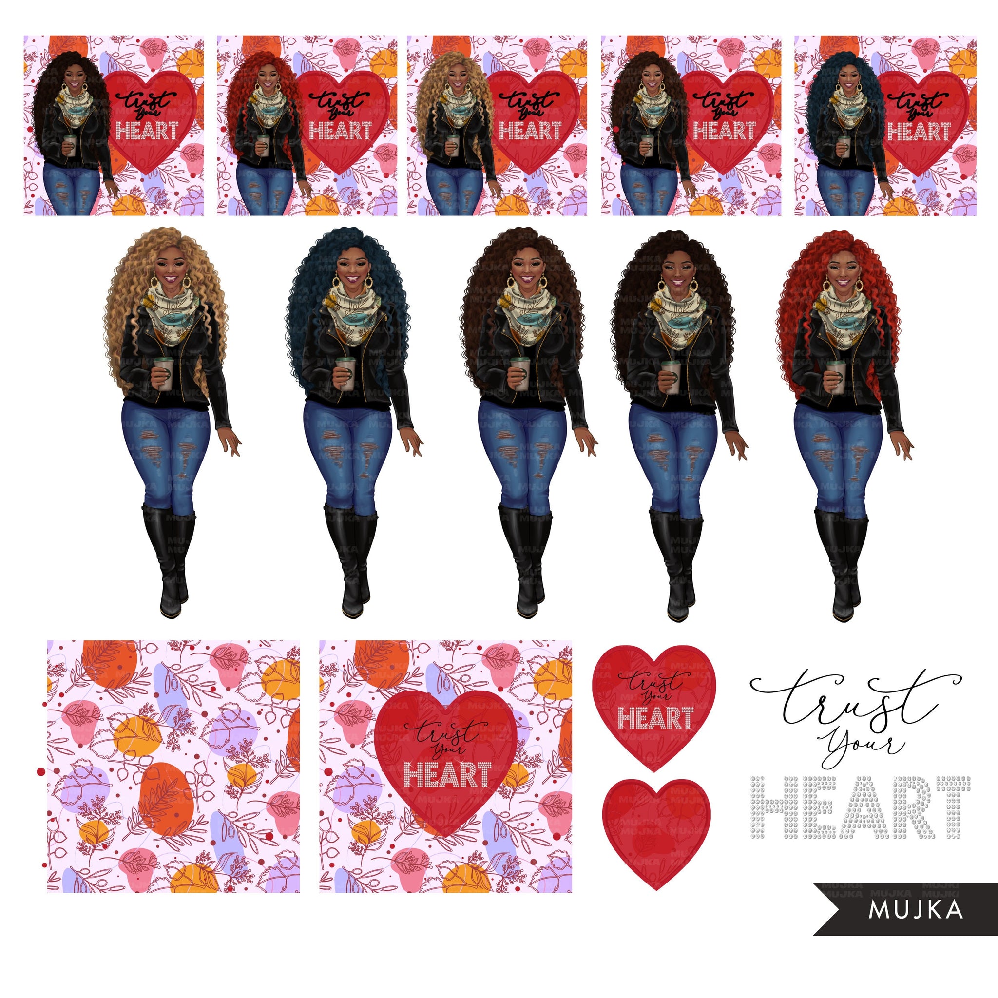 Trust your heart png, Fashion doll png, Valentine's Day clipart, Afro black woman png, denim and leather png, afro queen sublimation designs