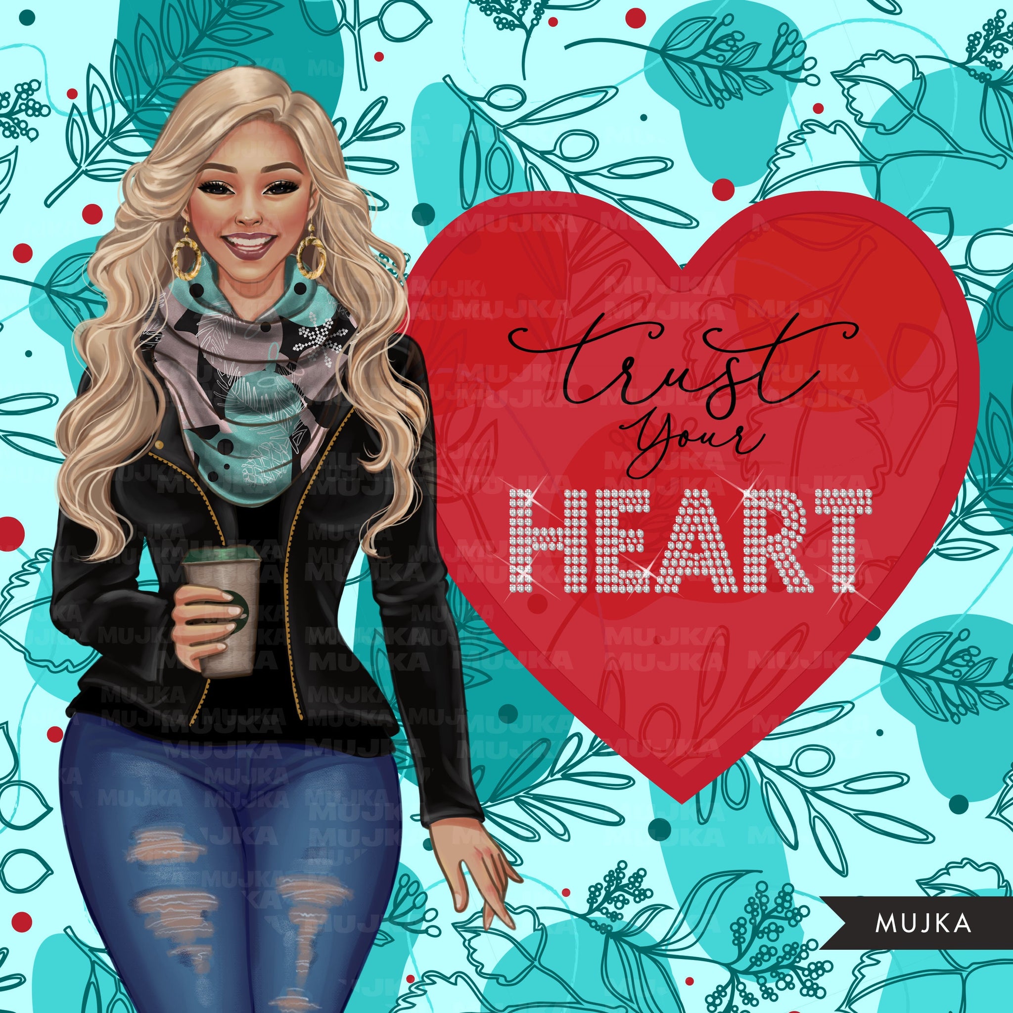 Trust your heart png, Fashion doll png, Valentine's Day clipart, woman png, denim and leather png, queen sublimation designs, heart png
