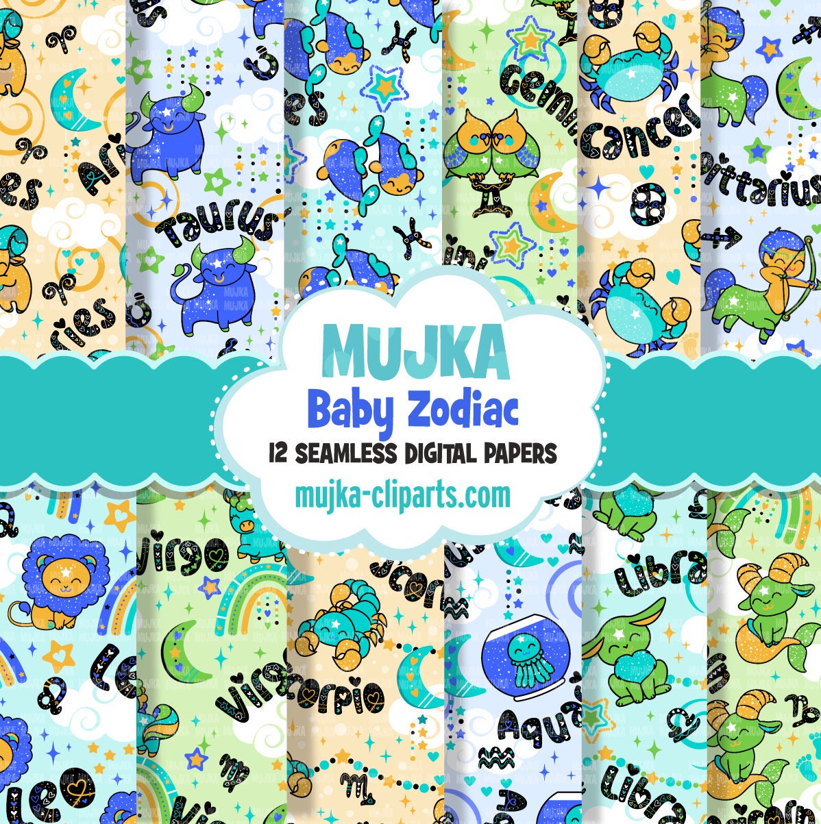 Zodiac Digital papers, seamless baby patterns, boy horoscope designs, printable pattern, digital background, baby boy birthday papers png