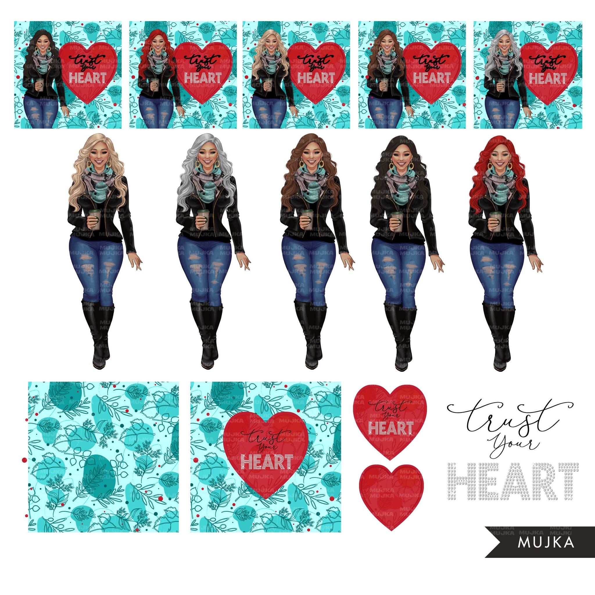 Trust your heart png, Fashion doll png, Valentine's Day clipart, woman png, denim and leather png, queen sublimation designs, heart png