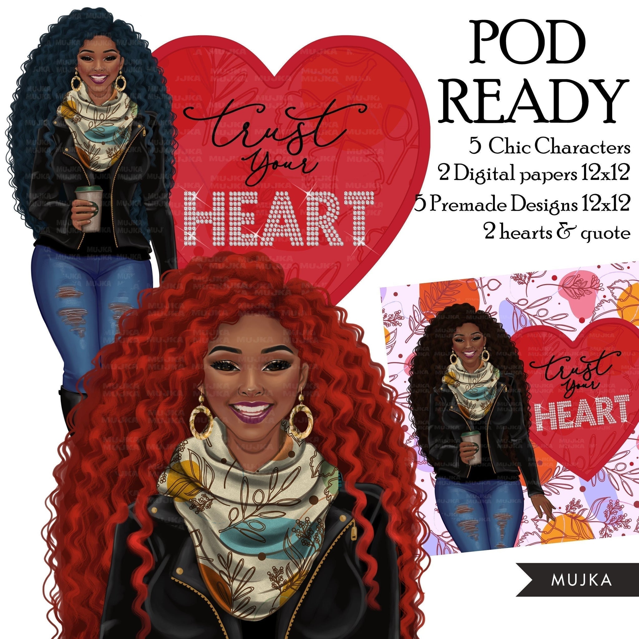 Trust your heart png, Fashion doll png, Valentine's Day clipart, Afro black woman png, denim and leather png, afro queen sublimation designs