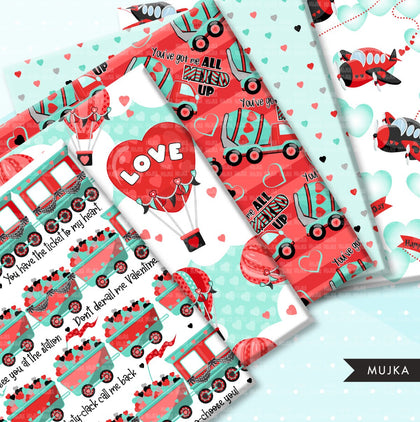 Valentines digital papers, Valentine's day scrapbook papers, Valentine Backgrounds, valentine trucks papers, heart background digital png