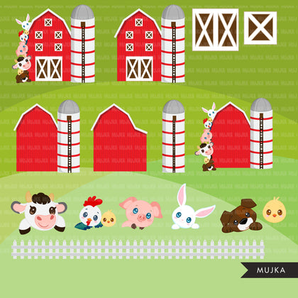 Farm png, peekaboo animals png, farm clipart, peekaboo clipart, peeking animals, easter animals png, red barn png, farm invitation templates, spring