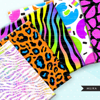 Animal print Digital papers, seamless neon patterns, zebra print, cheetah print printable pattern, digital background,  animal skin png