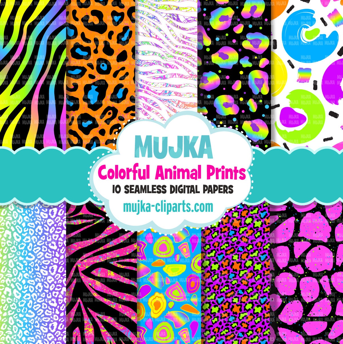 Animal print Digital papers, seamless neon patterns, zebra print, cheetah print printable pattern, digital background,  animal skin png