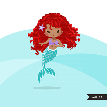 Little Mermaid clipart, mermaid PNG, mermaid sublimation graphics, black mermaid clipart, mermaid birthday party, afro girl PNG clip art