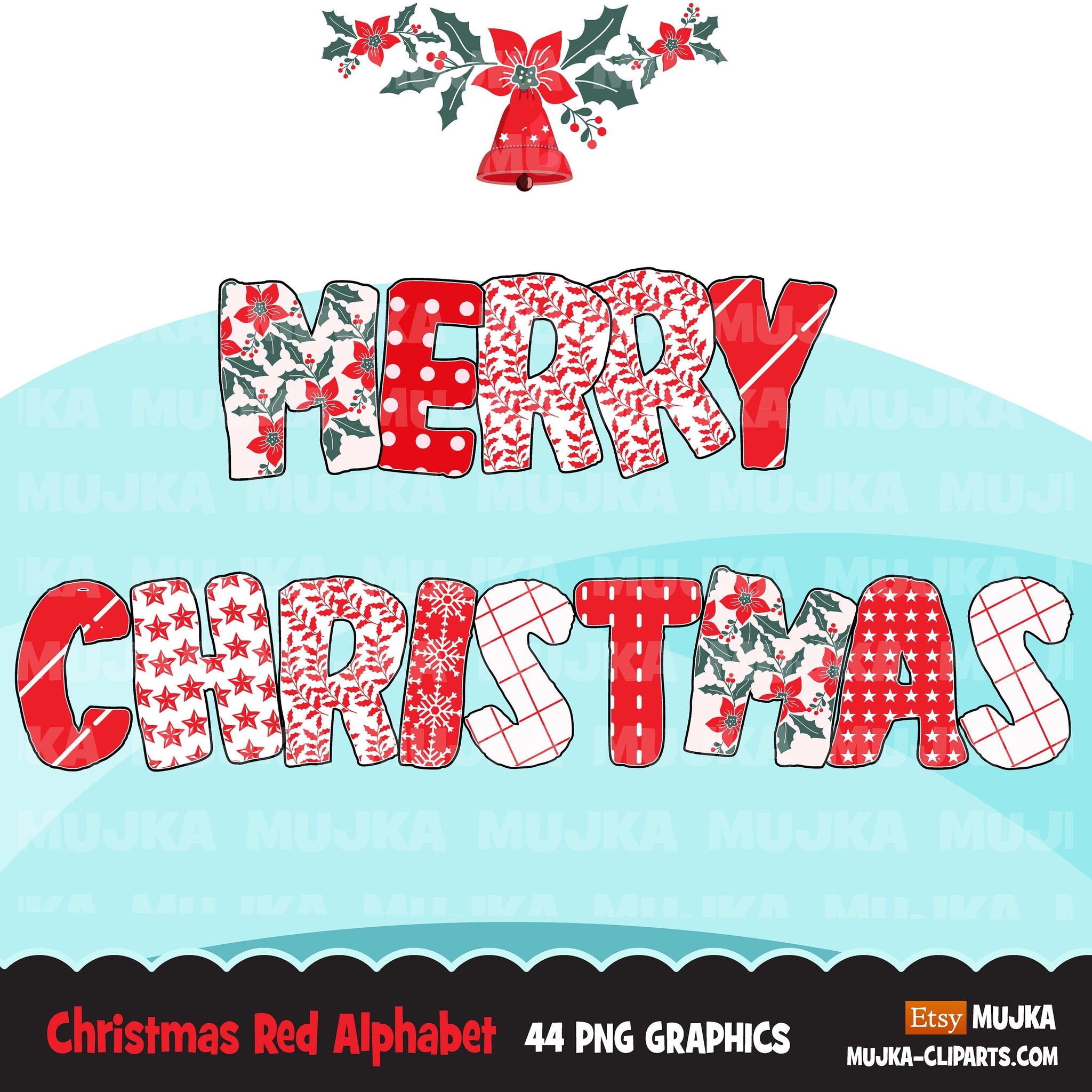 Christmas Alphabet Clipart, Christmas textures, Christmas numbers PNG, cute Christmas PNG graphics, Christmas letters, mistletoe png, merry