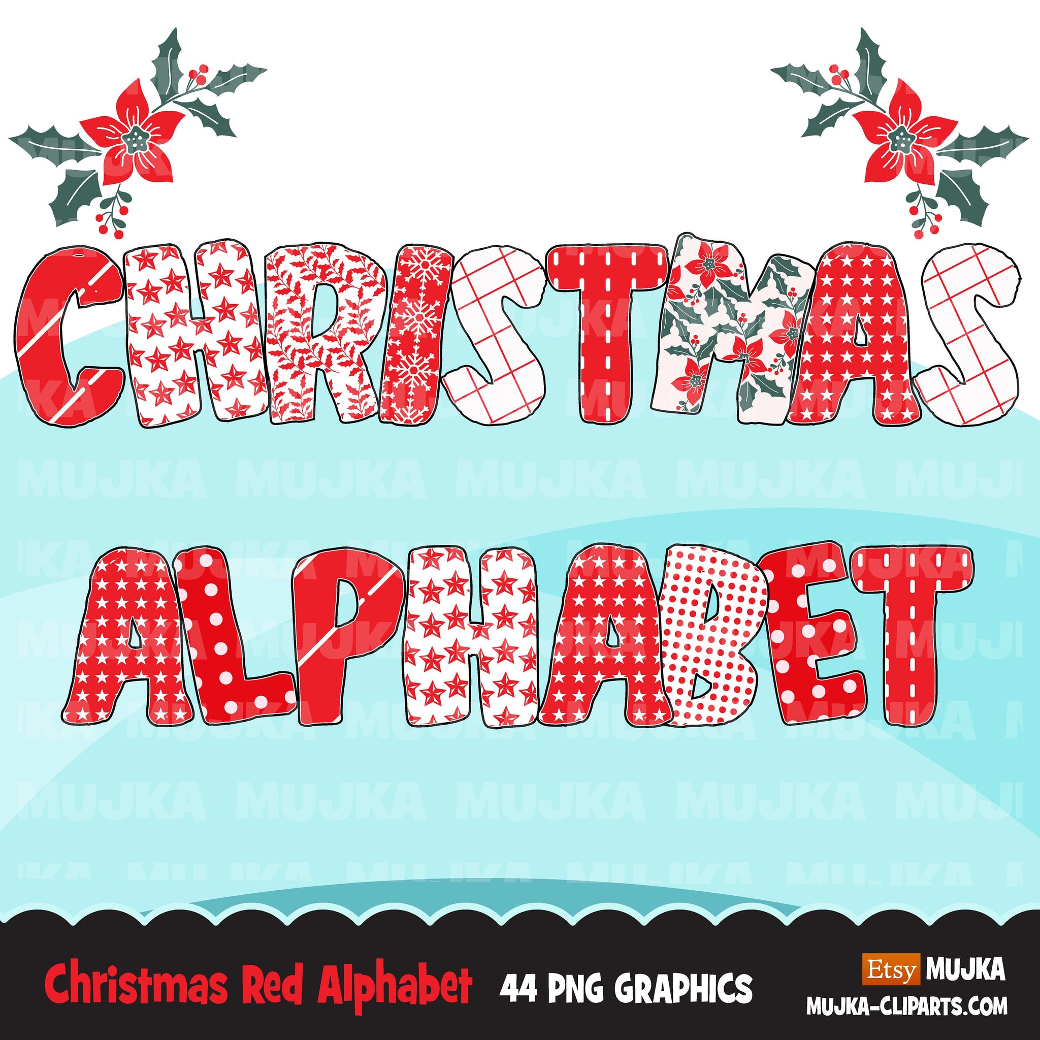 Christmas Alphabet Clipart, Christmas textures, Christmas numbers PNG, cute Christmas PNG graphics, Christmas letters, mistletoe png, merry
