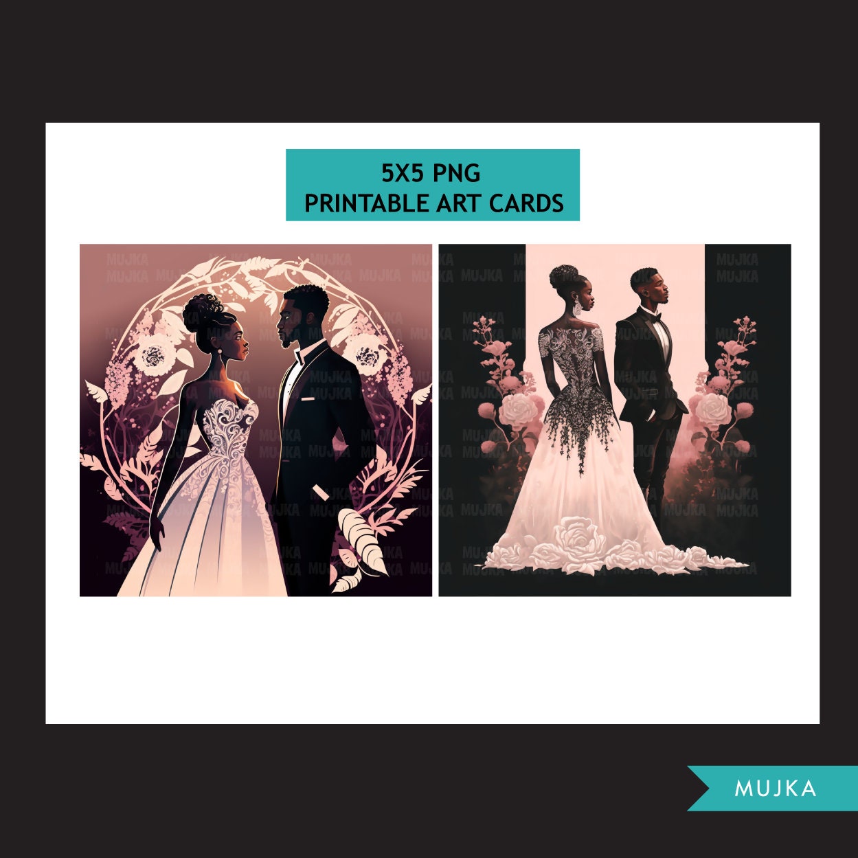 Black couple wall art, black couple printable cards, wedding invitations, bridal shower invitations, bride and groom clipart, black bride valentines