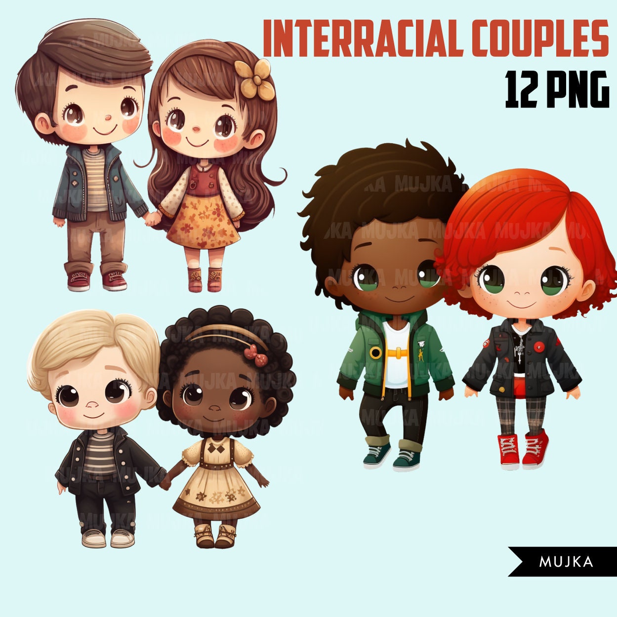 Interracial couple Bundle, valentine couples png, valentines png,  black girl, black boy, latina girl, indian girl, couple gifts, valentine png