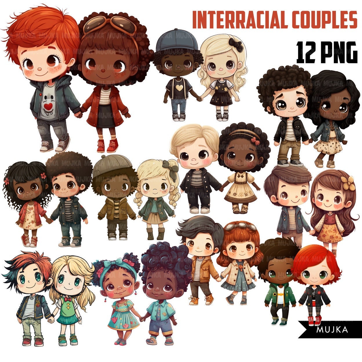 Interracial couple Bundle, valentine couples png, valentines png,  black girl, black boy, latina girl, indian girl, couple gifts, valentine png