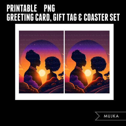 Valentines Day Gift tags, Coaster and Greeting Card printable, Sunset gift tags, Black couples PNG, Sunset art png, Valentines day gifts