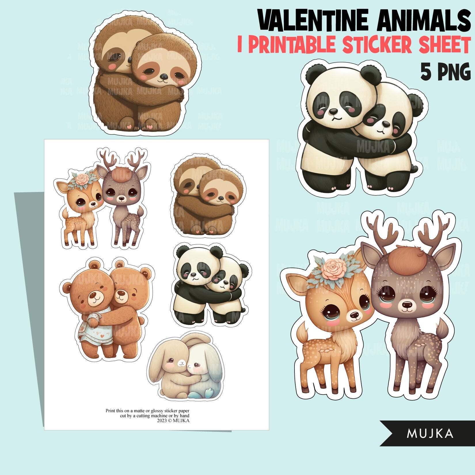 Valentine animals png, animal couples png, cute deer sticker, cute panda clipart, cute sloth stickers, cute bunny png, cute valentine gifts