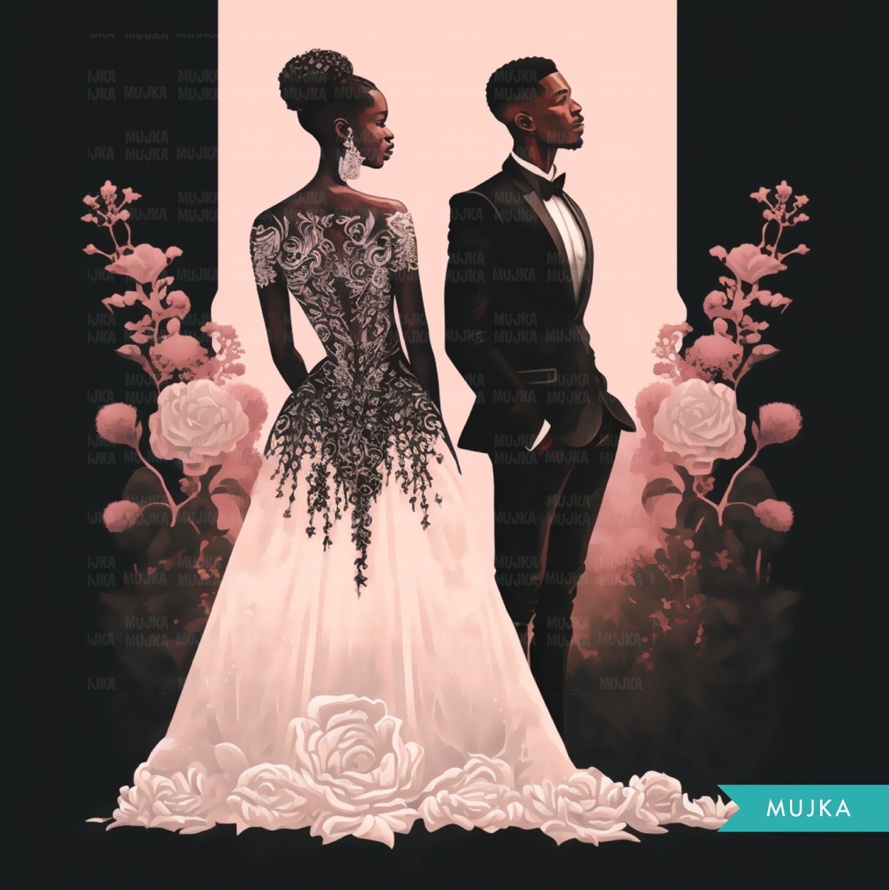 Black couple wall art, black couple printable cards, wedding invitations, bridal shower invitations, bride and groom clipart, black bride valentines