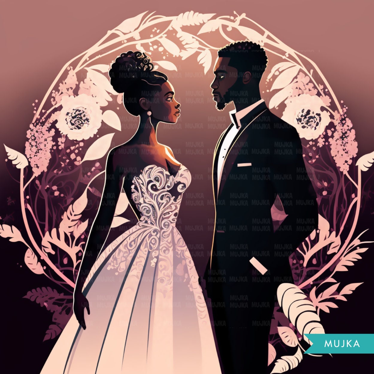 Black couple wall art, black couple printable cards, wedding invitations, bridal shower invitations, bride and groom clipart, black bride valentines
