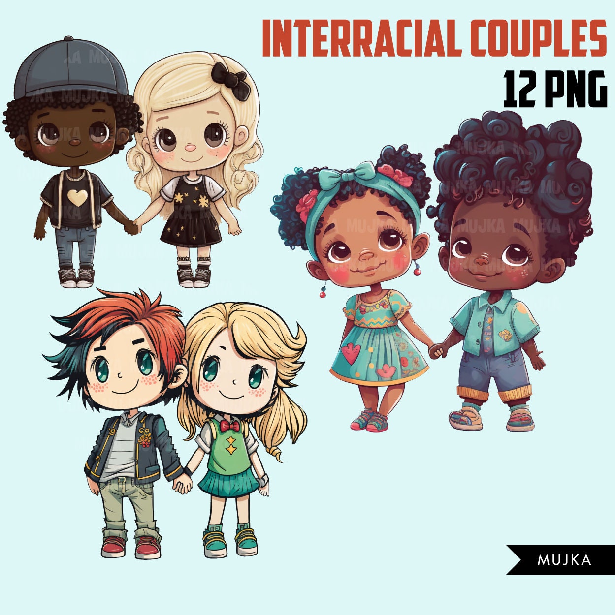 Interracial couple Bundle, valentine couples png, valentines png,  black girl, black boy, latina girl, indian girl, couple gifts, valentine png