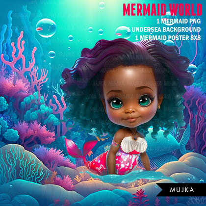 Black Mermaid png, wall art, printable mermaid decor, sublimation designs, cute mermaid, undersea watercolor clipart, mermaid background png, little mermaid black girl