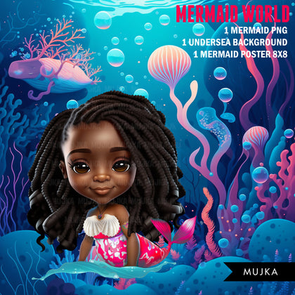 Black Mermaid png, wall art, printable mermaid decor, sublimation designs, cute mermaid, undersea watercolor clipart, mermaid background png, little mermaid black girl