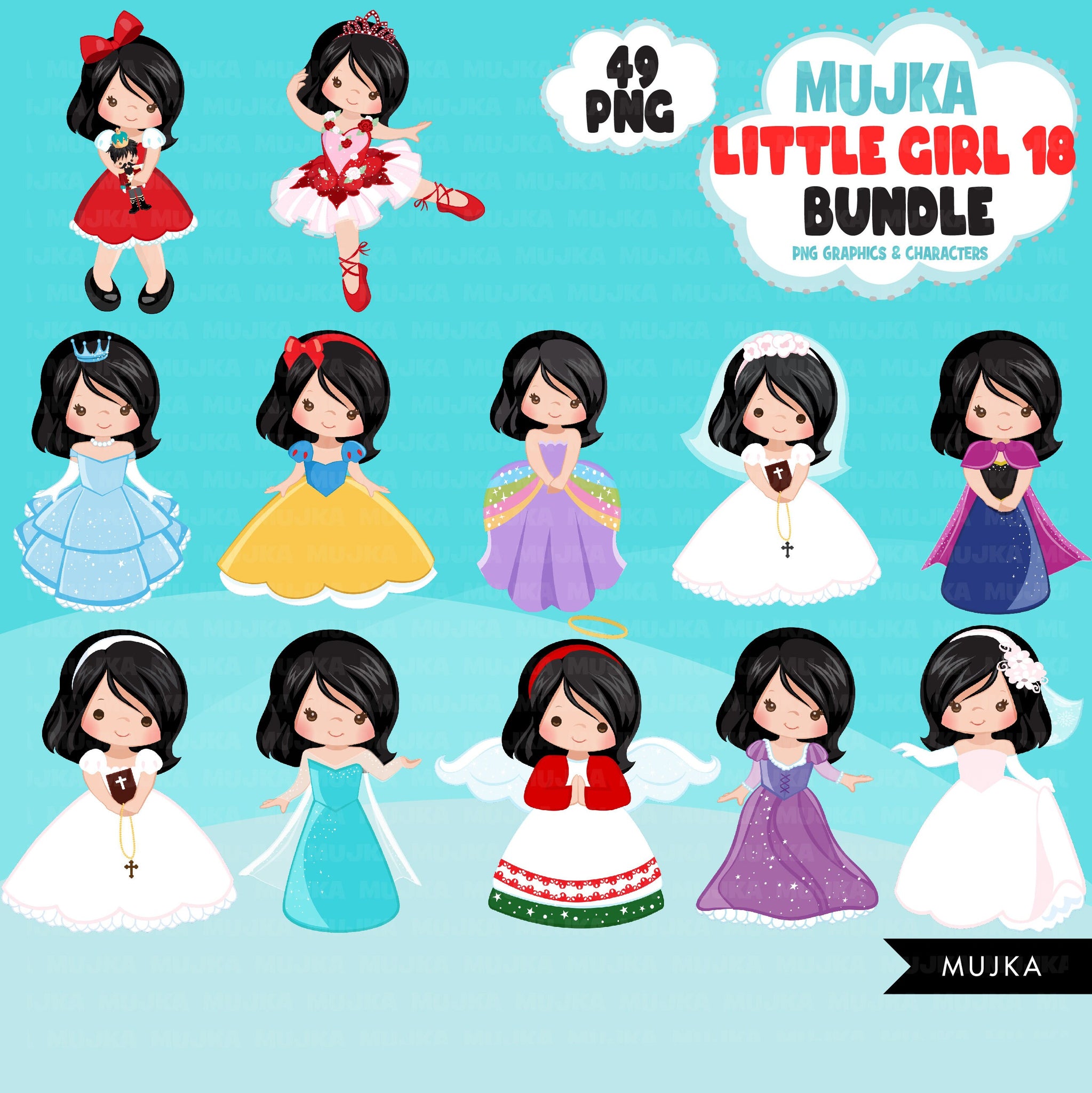 Cute girl png Bundle, dark brunette little girl art, little girl digital stickers, birthday graphics, cute girl bundle, planner stickers