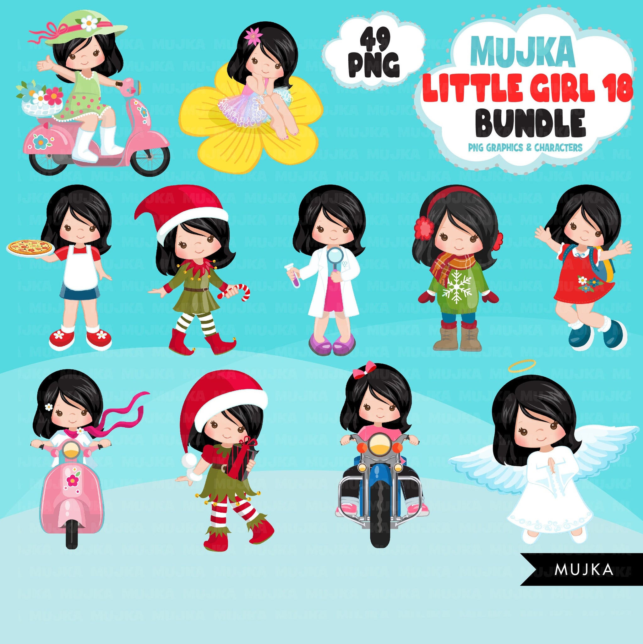 Cute girl png Bundle, dark brunette little girl art, little girl digital stickers, birthday graphics, cute girl bundle, planner stickers