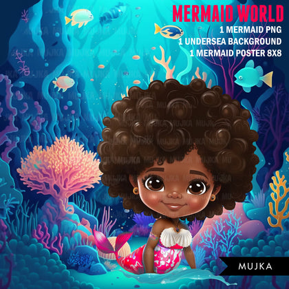 Black Mermaid png, wall art, printable mermaid decor, sublimation designs, cute mermaid, undersea watercolor clipart, mermaid background png, black girl nursery art