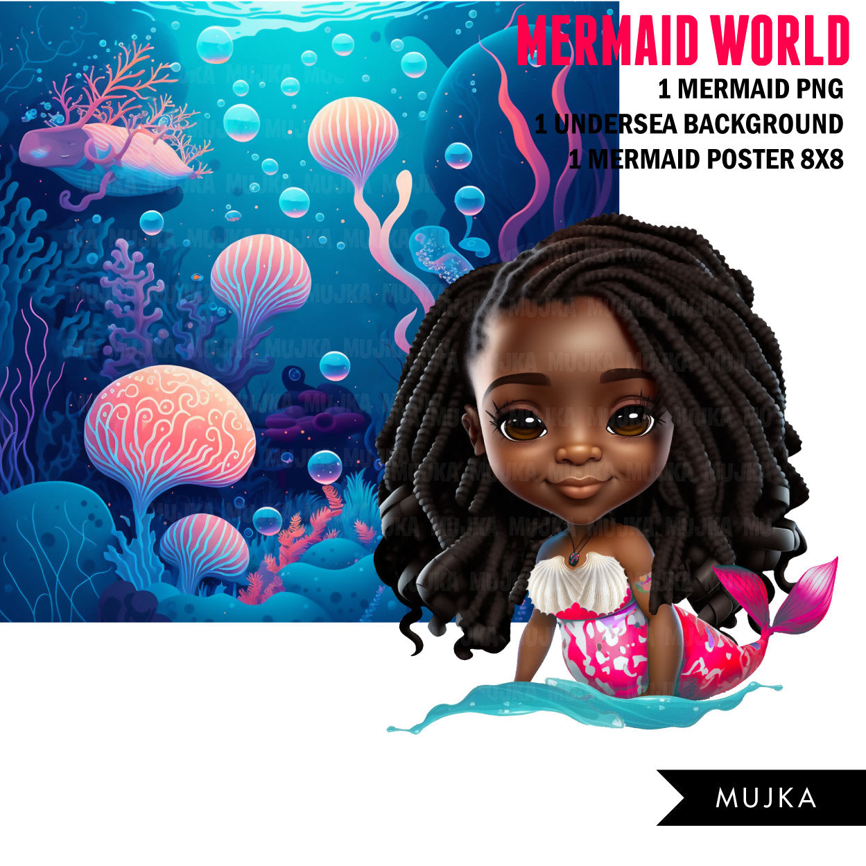 Black Mermaid png, wall art, printable mermaid decor, sublimation designs, cute mermaid, undersea watercolor clipart, mermaid background png, little mermaid black girl