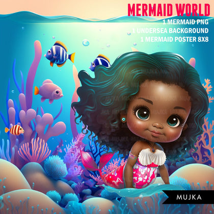 Latina Mermaid png, wall art, printable mermaid decor, sublimation design, cute mermaid, undersea watercolor clipart, mermaid background png, little mermaid latina girl