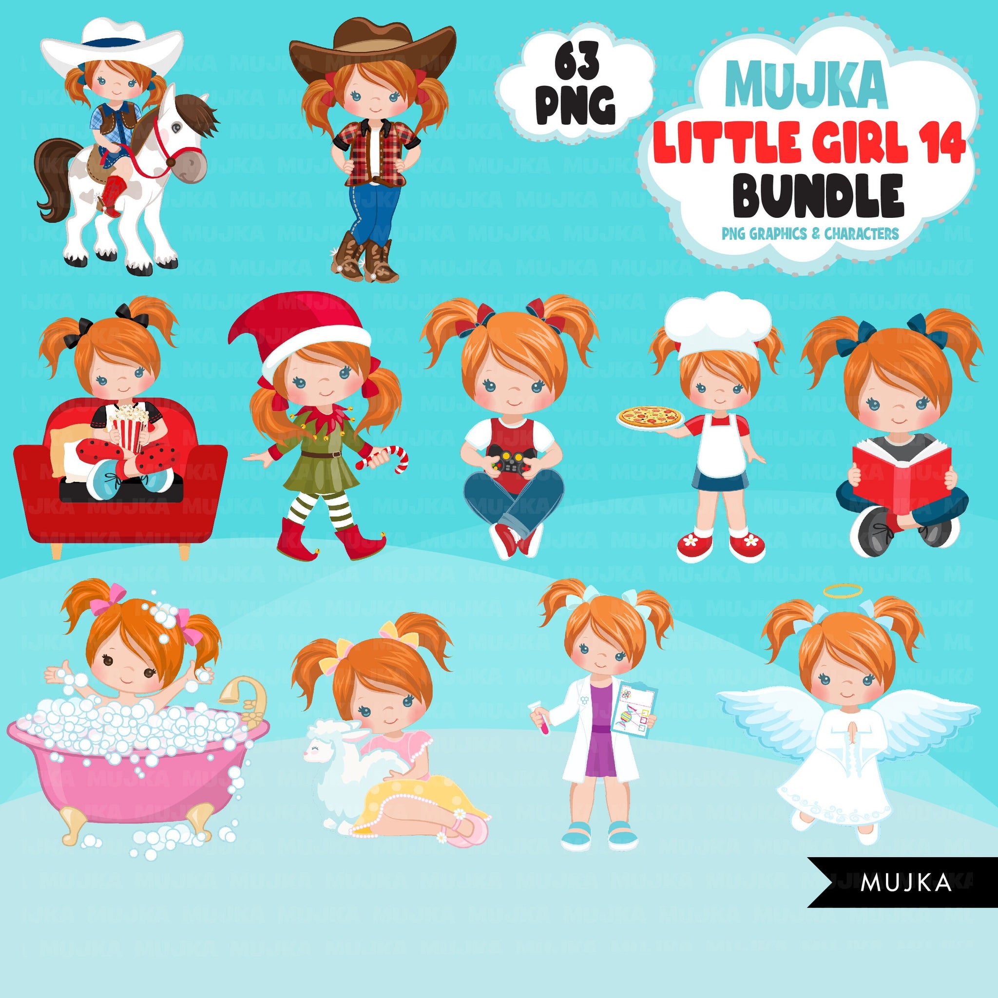 Cute girl png Bundle, Ginger hair little girl art, little girl digital stickers, birthday graphics, cute girl bundle, planner stickers