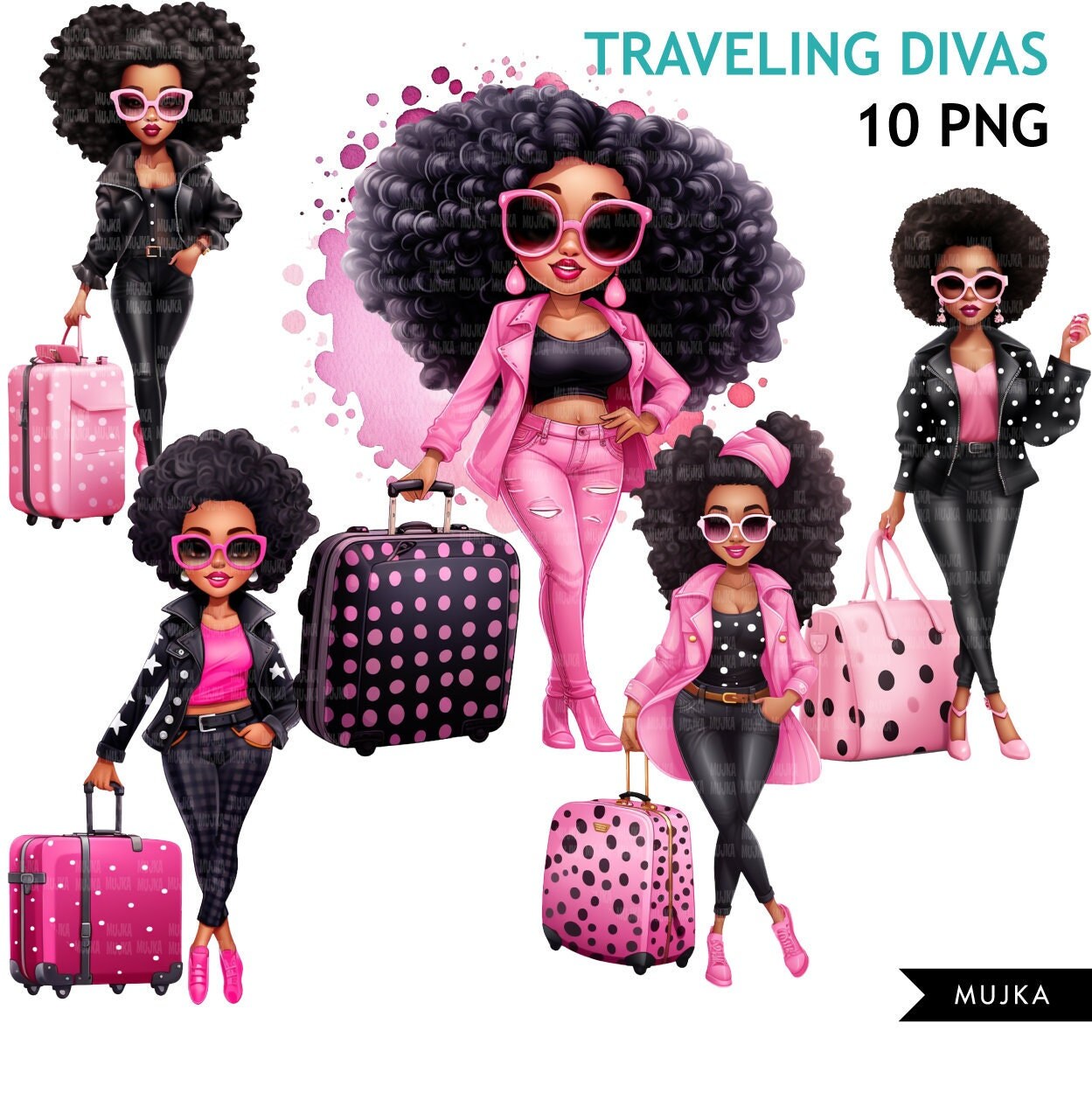 Travel clipart, traveling Black woman png, pink polka dot, diva