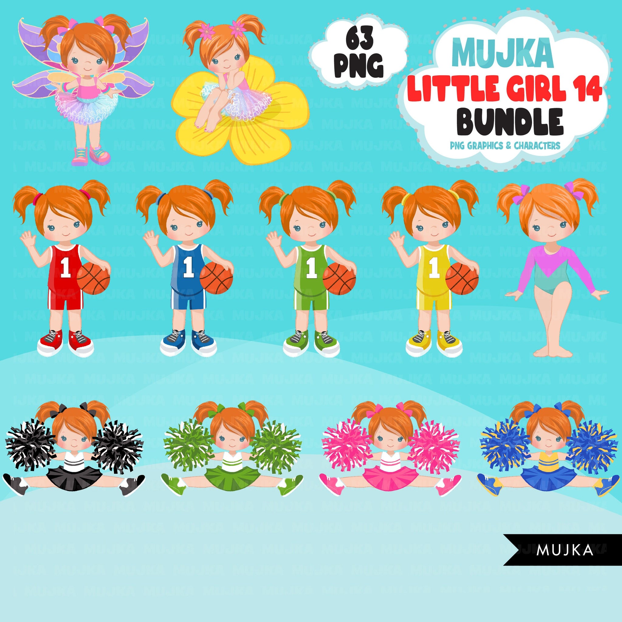 Cute girl png Bundle, Ginger hair little girl art, little girl digital stickers, birthday graphics, cute girl bundle, planner stickers