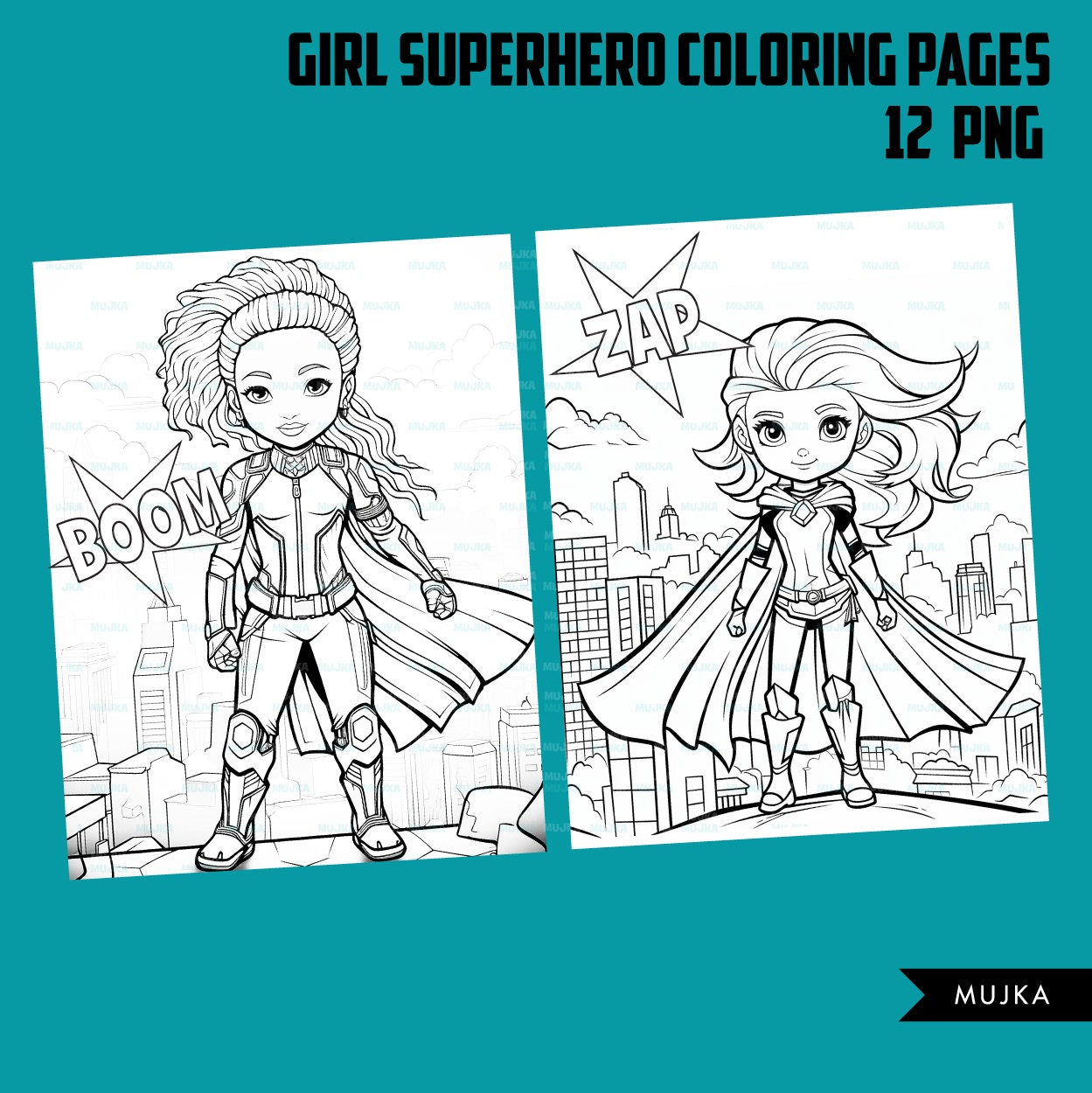 Superhero Coloring Pages, Printable coloring book for girls, Kids Coloring Book, Superhero birthday, instant download PNG black and white
