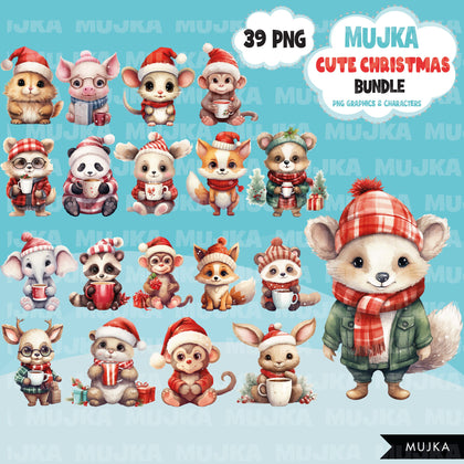 Watercolor Christmas Animals Png Bundle, Cute Noel Designs, Reindeer, fox, bear, elephant, pig, coffee, Santa woodland animals clipart