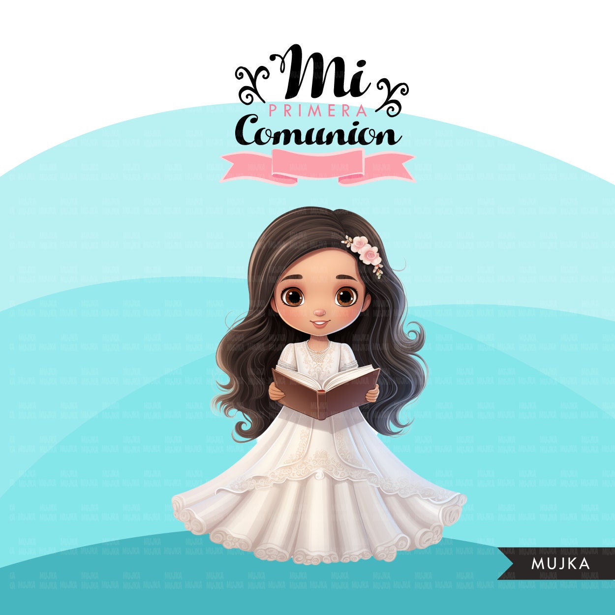 First Communion Clipart for Girls, Mi Primera Comunion PNG, bible, communion banner, Catholic religious Latina girls, digital stickers art