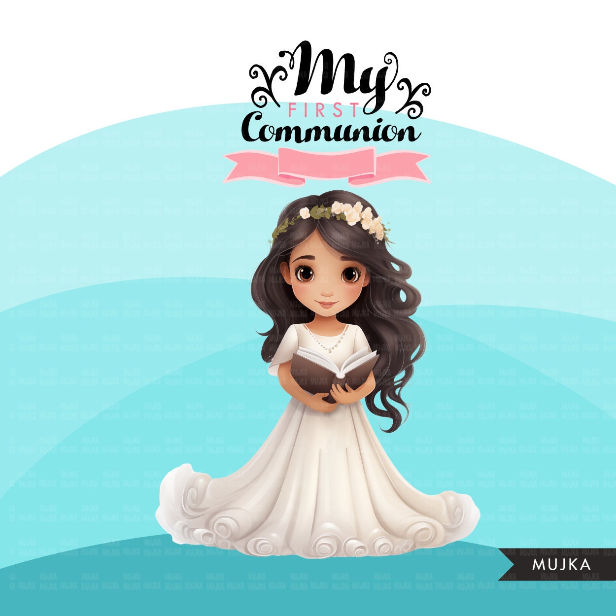 First Communion Clipart for Girls, Mi Primera Comunion PNG, bible, communion banner, Catholic religious Latina girls, digital stickers art