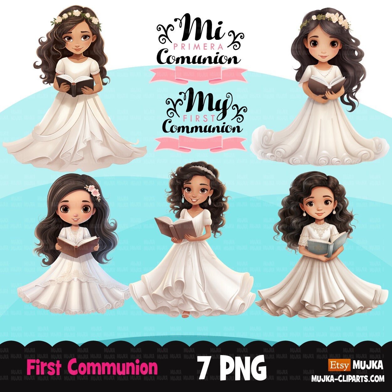Clipart de Primera Comunión para Niñas, Mi Primera Comunión PNG, biblia, estandarte de comunión, niñas latinas religiosas católicas, arte de pegatinas digitales