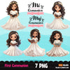 Clipart de Primera Comunión para Niñas, Mi Primera Comunión PNG, biblia, estandarte de comunión, niñas latinas religiosas católicas, arte de pegatinas digitales