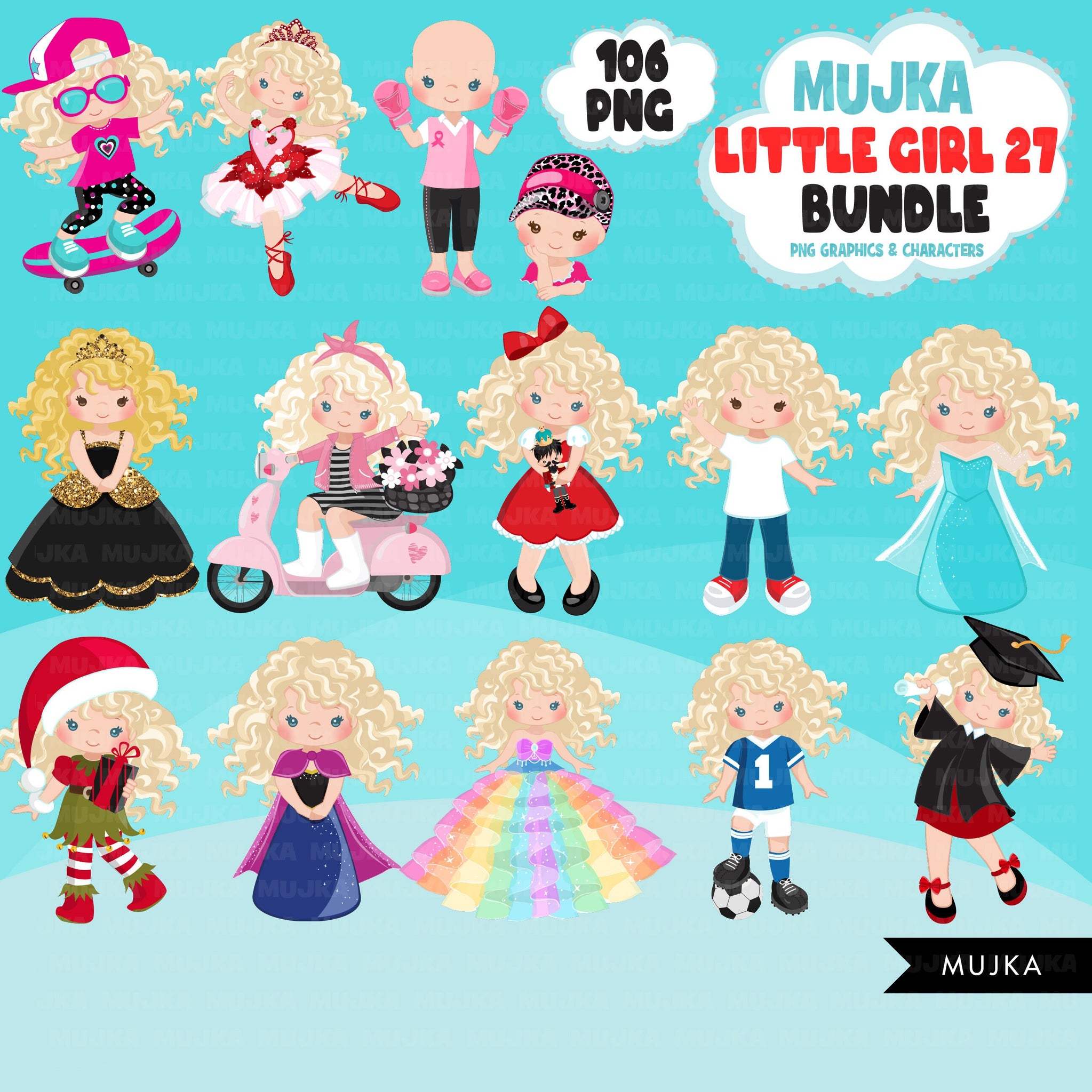 Cute girl png Bundle, curly little girl art, little girl clipart, digital stickers, birthday graphics, cute girl bundle, planner stickers