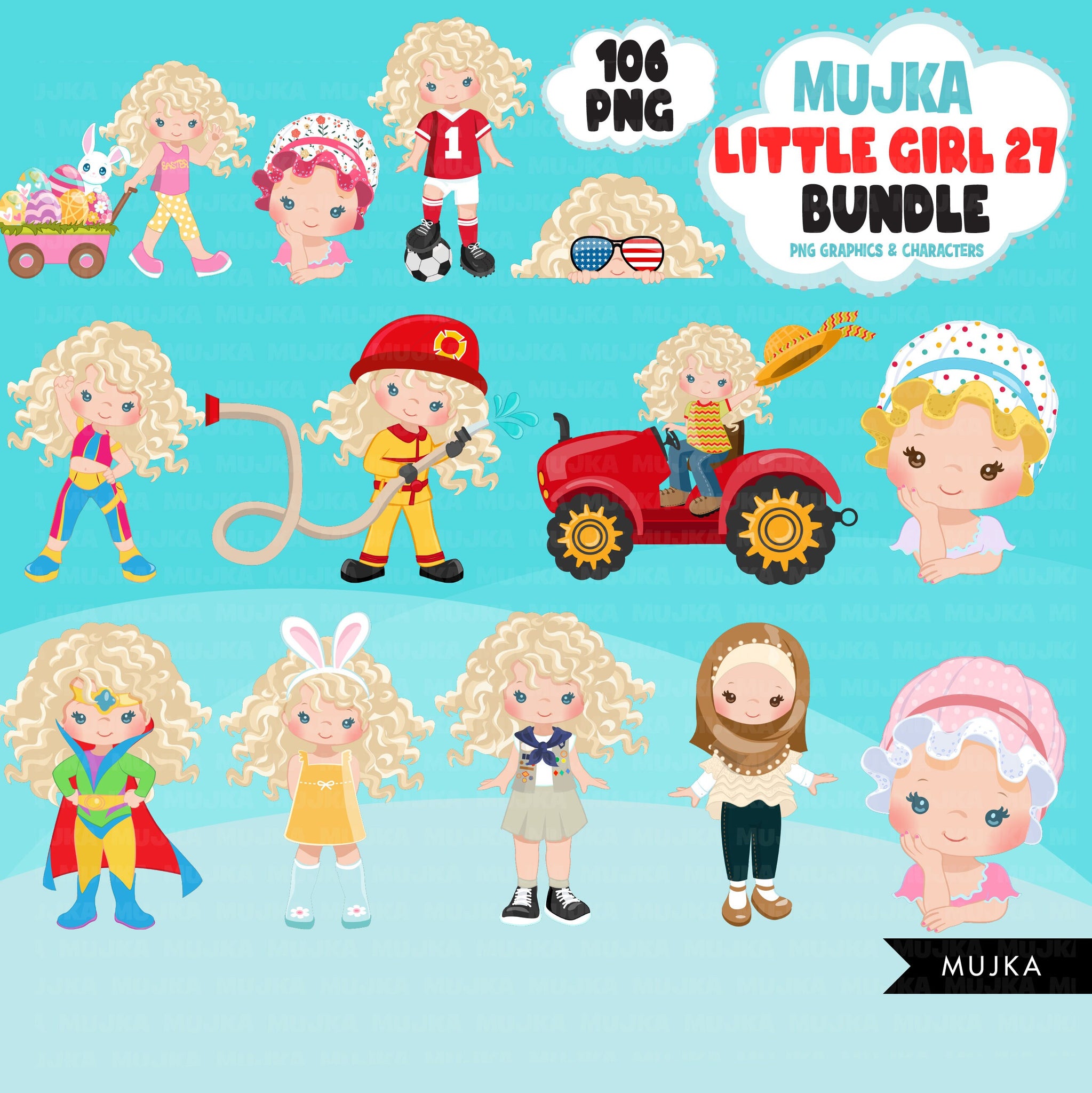 Cute girl png Bundle, curly little girl art, little girl clipart, digital stickers, birthday graphics, cute girl bundle, planner stickers
