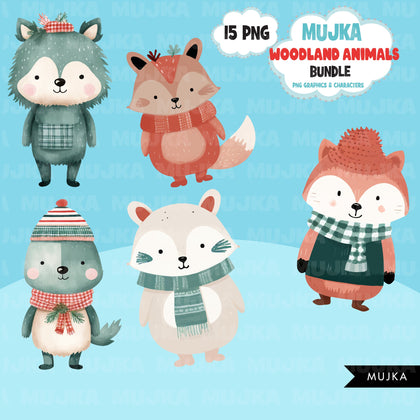 Watercolor woodland Christmas Animals Png Bundle, Cute Reindeer, fox, bear, woodland animals clipart, winter graphics, sublimation digital