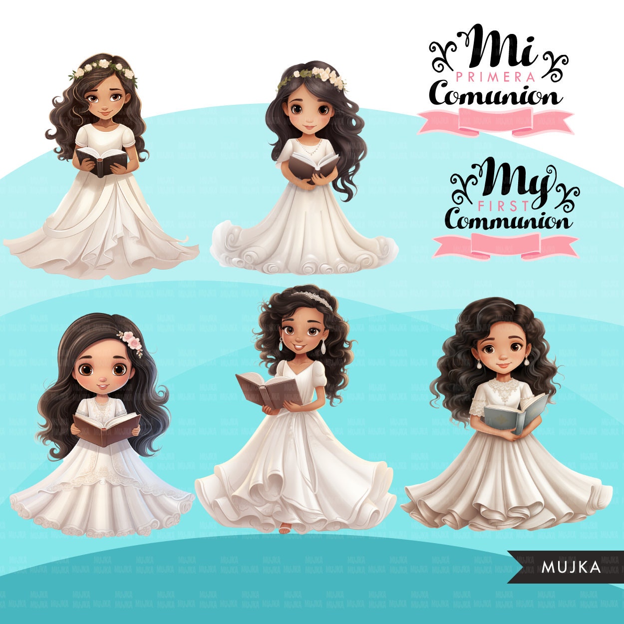 Clipart de Primera Comunión para Niñas, Mi Primera Comunión PNG, biblia, estandarte de comunión, niñas latinas religiosas católicas, arte de pegatinas digitales