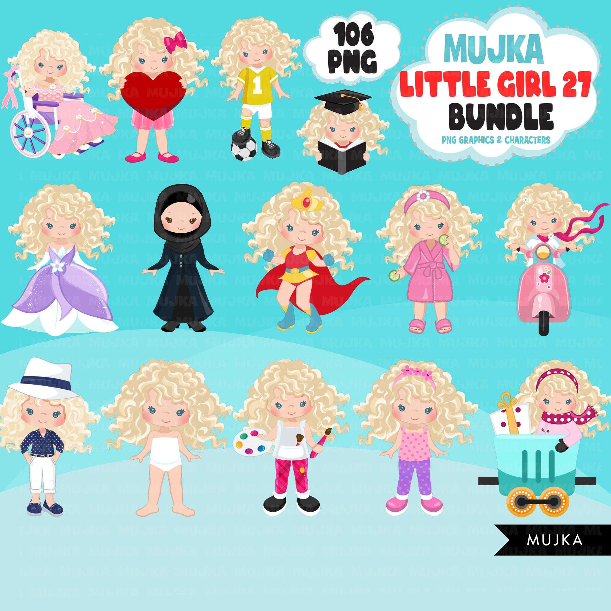 Cute girl png Bundle, curly little girl art, little girl clipart, digital stickers, birthday graphics, cute girl bundle, planner stickers
