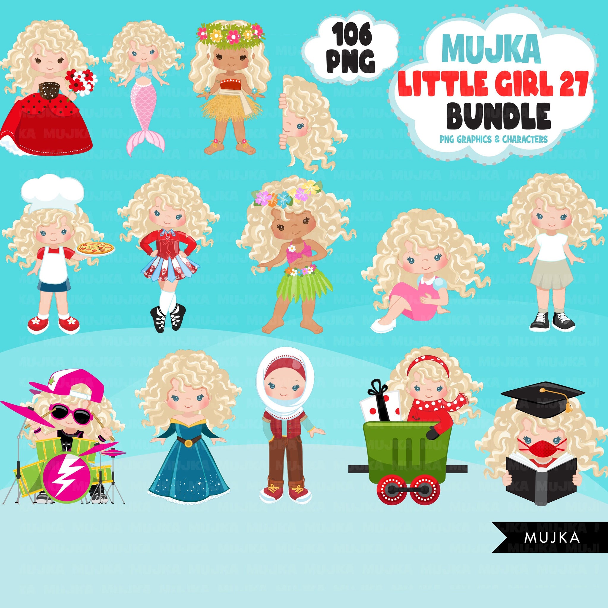 Cute girl png Bundle, curly little girl art, little girl clipart, digital stickers, birthday graphics, cute girl bundle, planner stickers