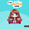 Knitting PNG clipart, Cute knitting girls art, Knitting sublimation designs, logo design, hobby graphics, knitting digital download stickers