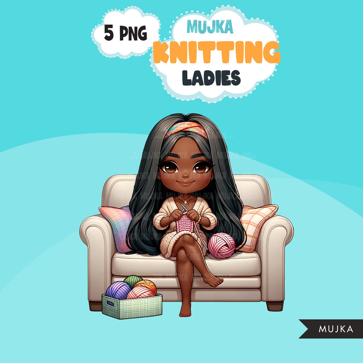 Knitting PNG clipart, Cute Black Latina knitting girls art, Knitting sublimation designs, logo design, hobby digital download stickers