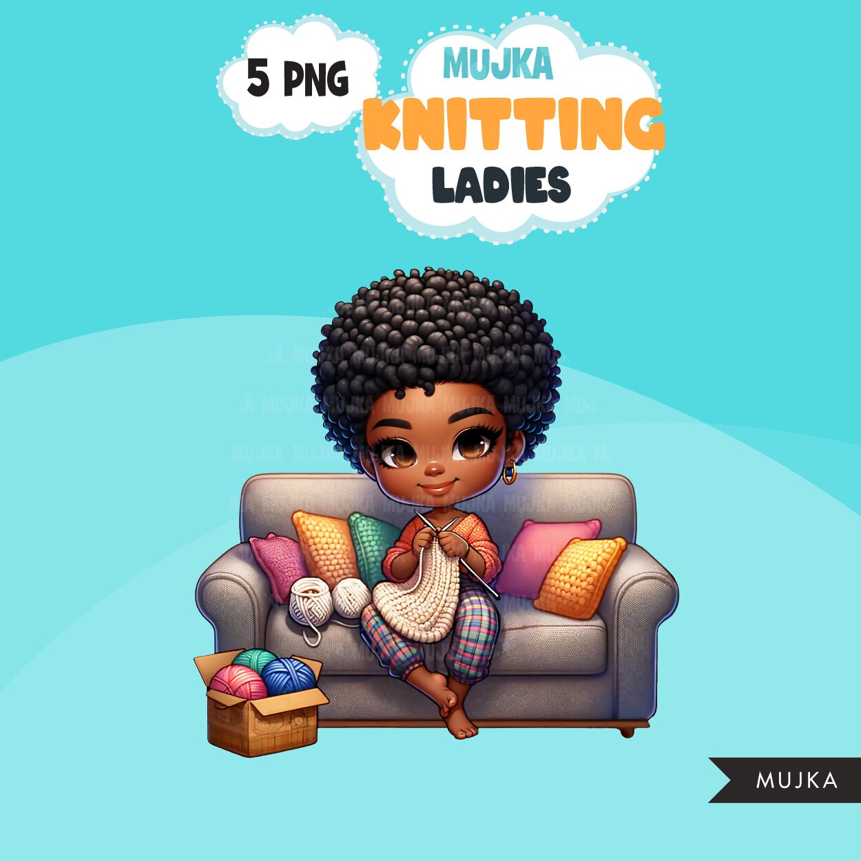 Knitting PNG clipart, Cute Black Latina knitting girls art, Knitting sublimation designs, logo design, hobby digital download stickers